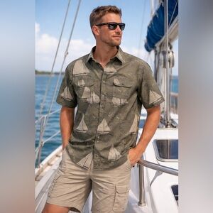 Chaps Nautical Sailboat Polo Men’s L Coastal Summer Beachwear All Over Print Top